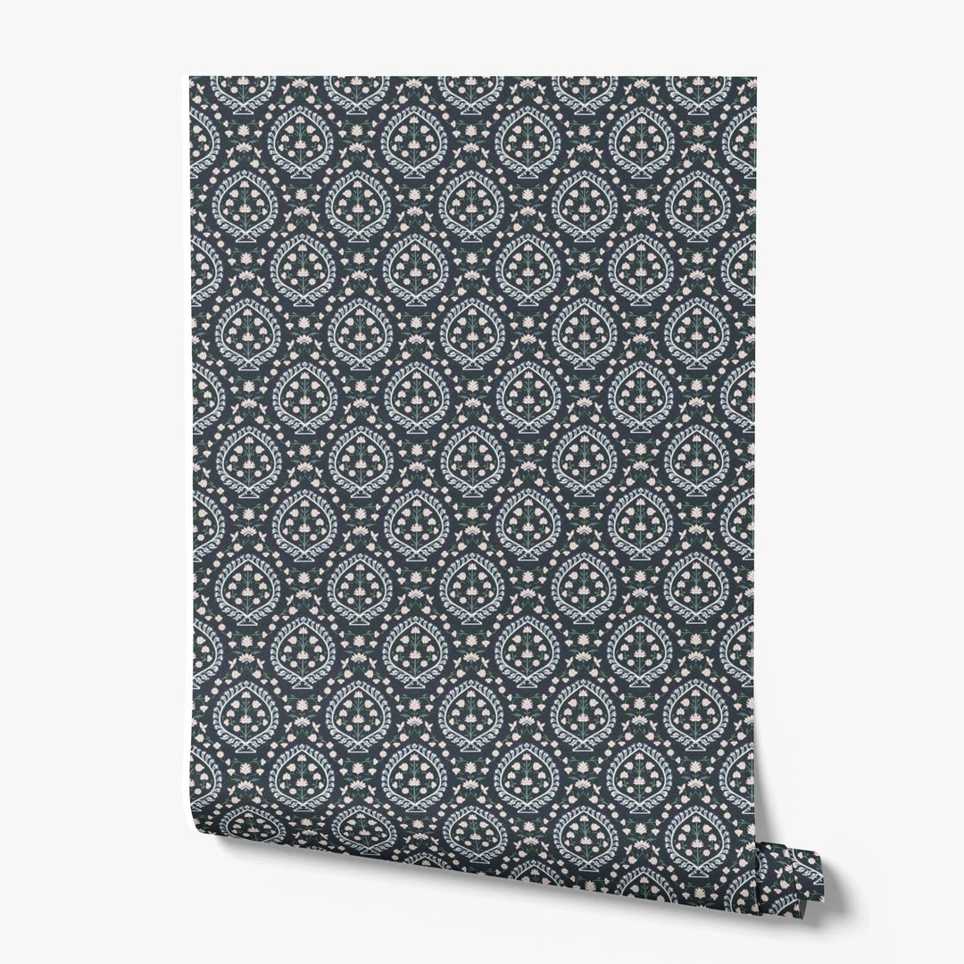 Varanasi Medallion in Indigo and Ivory — pale flowers inside pointed medallions on a near-black indigo ground printed wallpaper roll