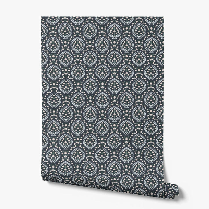 Varanasi Medallion in Indigo and Ivory — pale flowers inside pointed medallions on a near-black indigo ground printed wallpaper roll