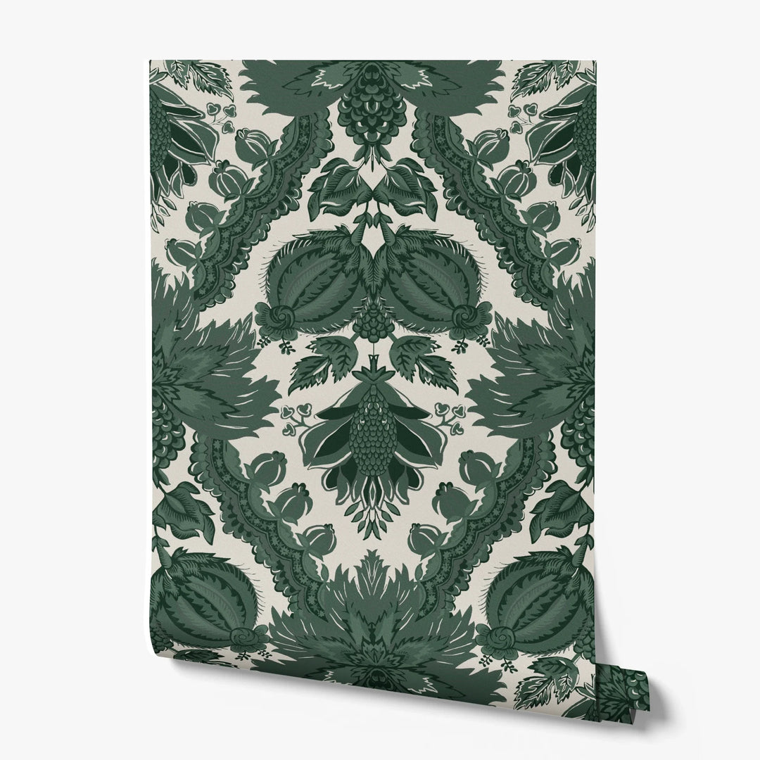 Dark green 18th century French pomegranate ogee on a beige ground: printed wallpaper roll