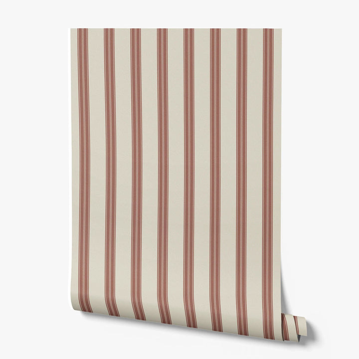 Brown 19th century double-band stripe on a beige ground: printed wallpaper roll