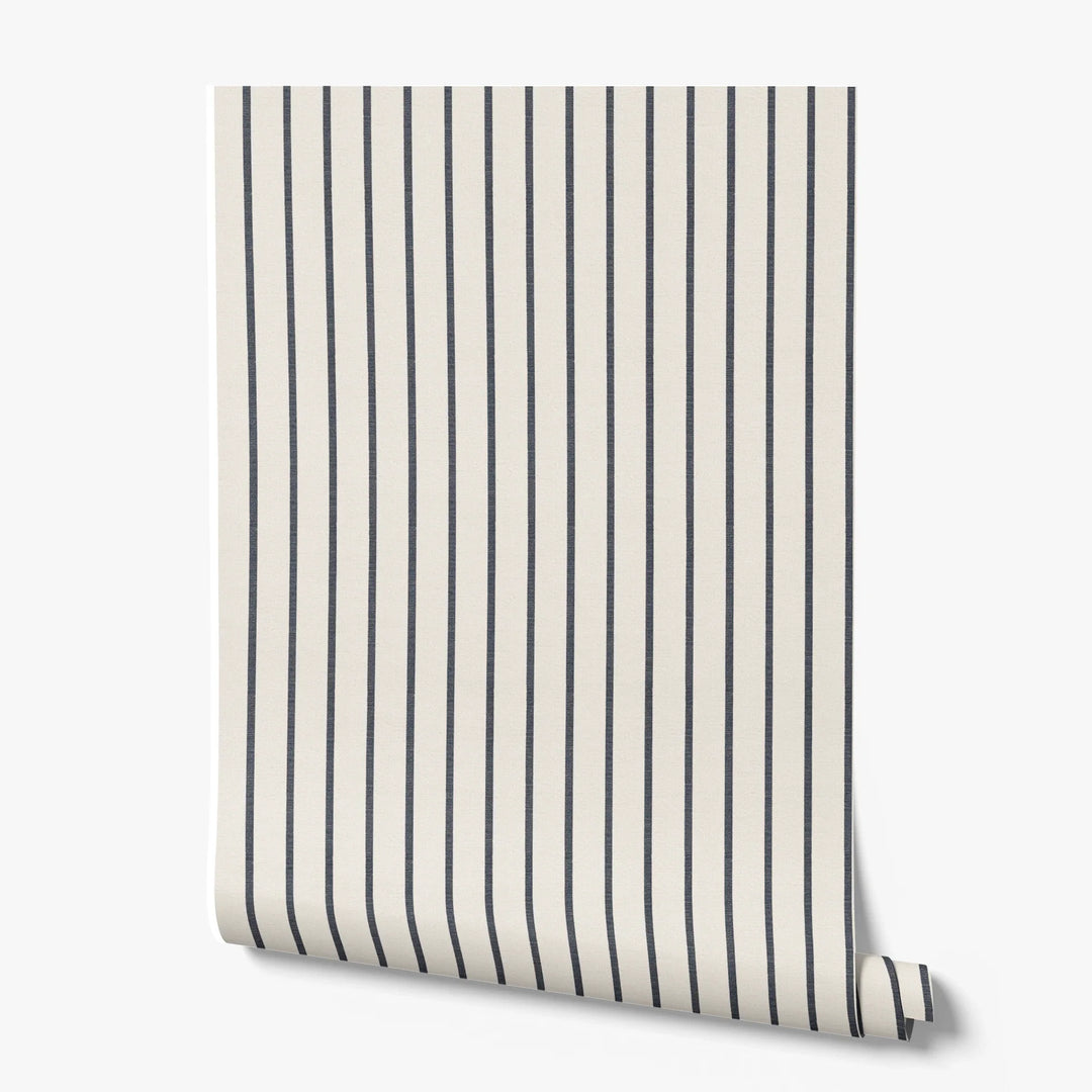 Navy woven-texture pencil stripe on a white ground: printed wallpaper roll
