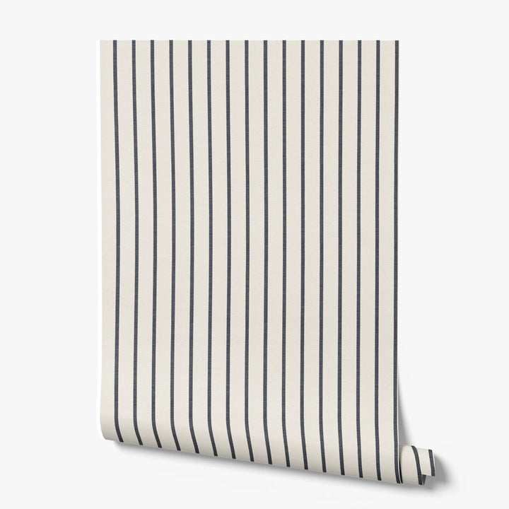 Navy woven-texture pencil stripe on a white ground: printed wallpaper roll