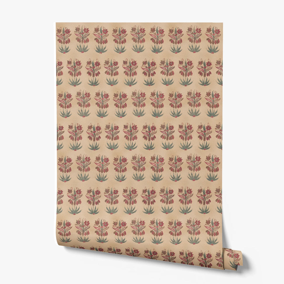 17th century Indian chintz flowering sprigs in rows, museum colours: printed wallpaper roll