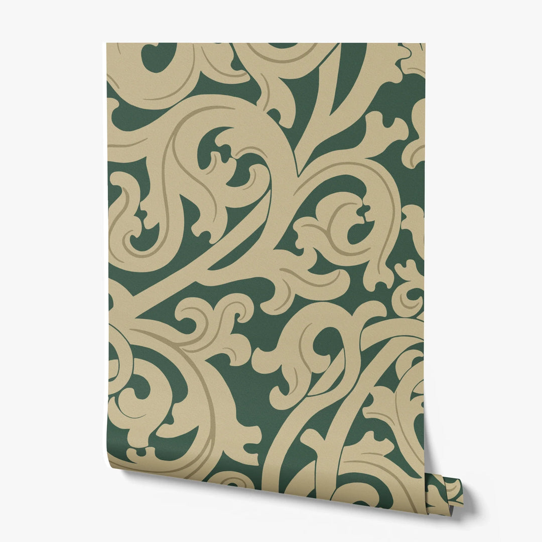 Large gold acanthus scroll motif on a green ground: printed wallpaper roll