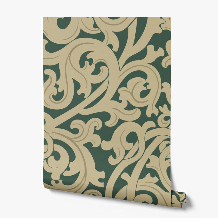 Large gold acanthus scroll motif on a green ground: printed wallpaper roll