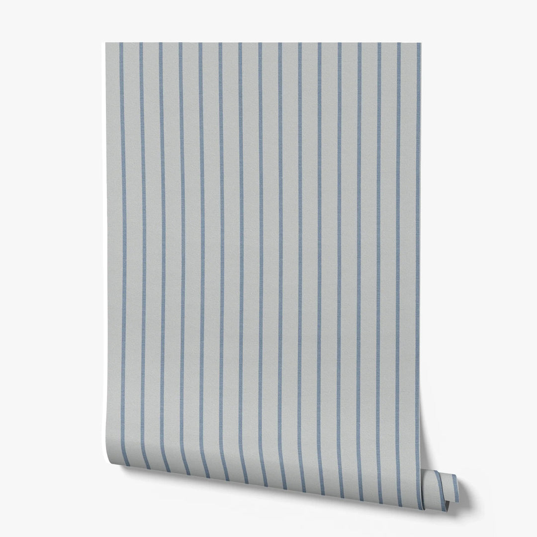 Muted blue woven-texture pencil stripe on a grey ground: printed wallpaper roll