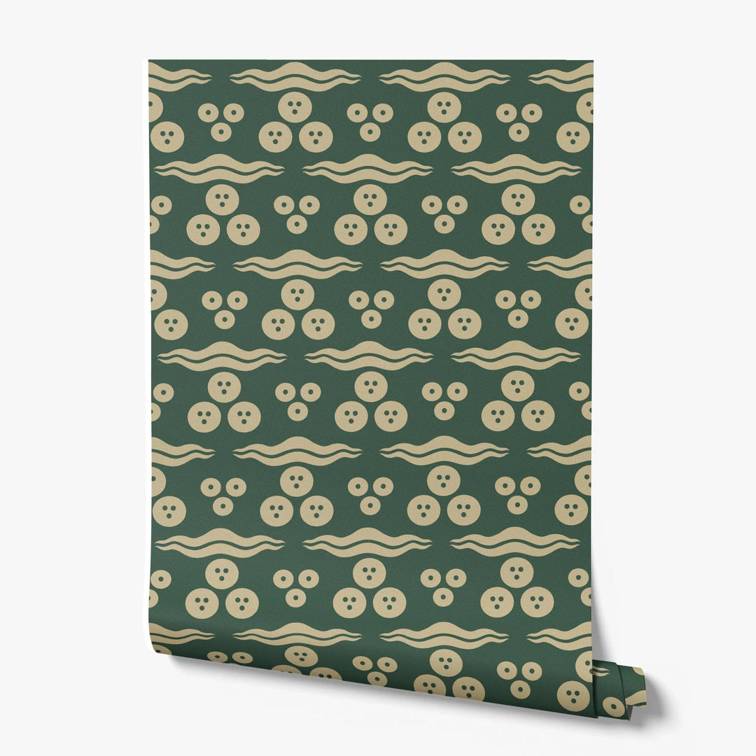 Gold 15th century Ottoman discs and waves on a dark green ground: printed wallpaper roll
