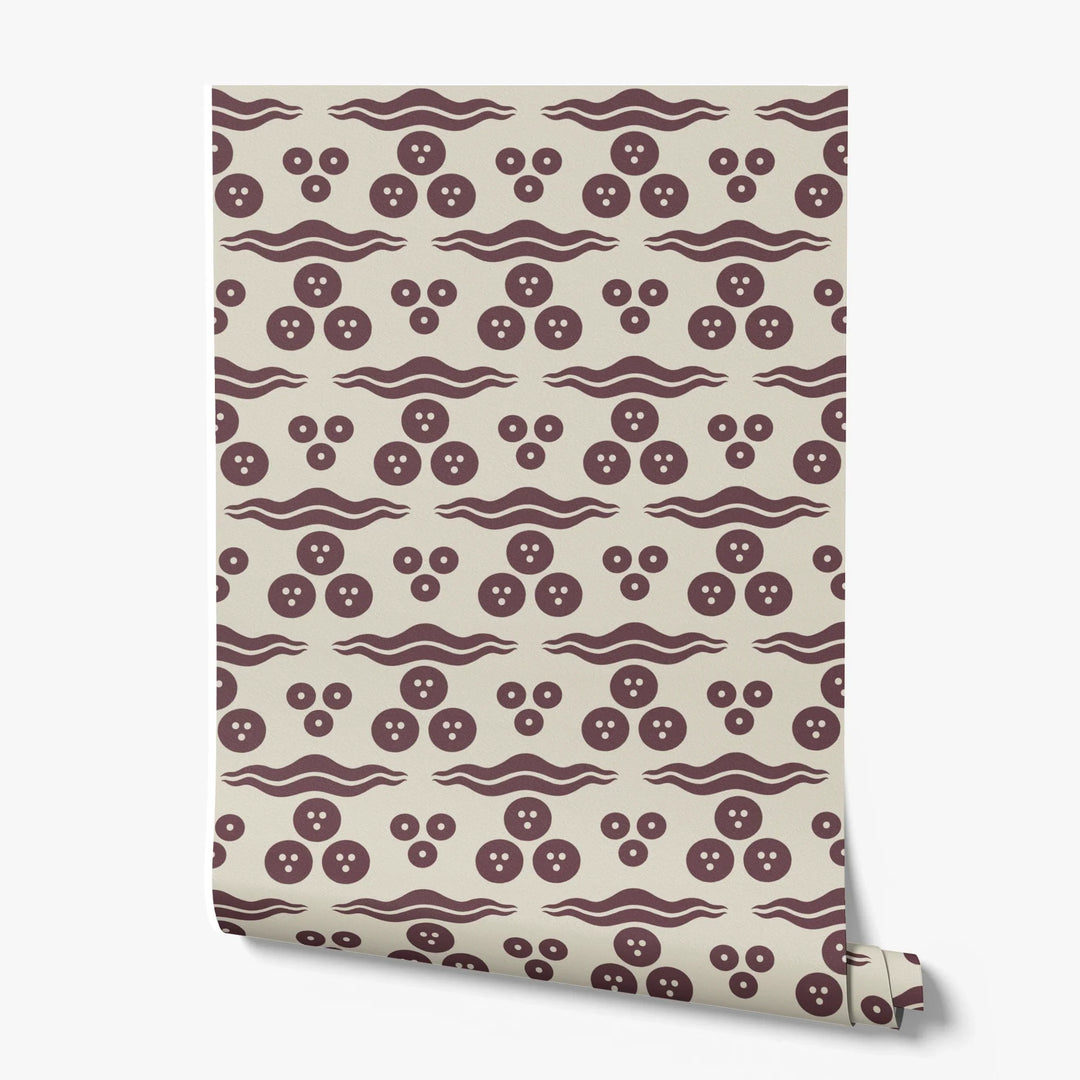 Dark purple 15th century Ottoman discs and waves on a beige ground: printed wallpaper roll