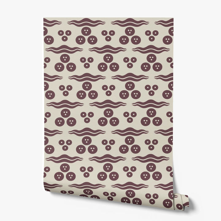 Dark purple 15th century Ottoman discs and waves on a beige ground: printed wallpaper roll