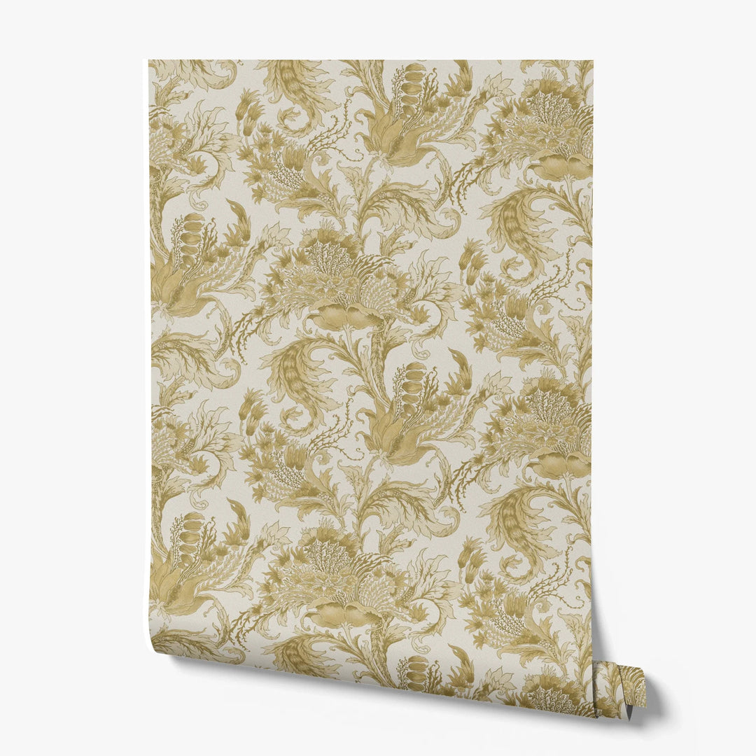 Ragged Poppy in Linen and Honey — deep gold poppy on a near-white linen ground, large-scale block-printed floral repeat printed wallpaper roll
