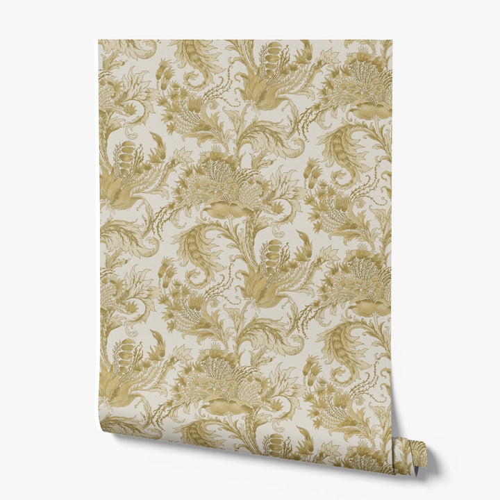 Ragged Poppy in Linen and Honey — deep gold poppy on a near-white linen ground, large-scale block-printed floral repeat printed wallpaper roll