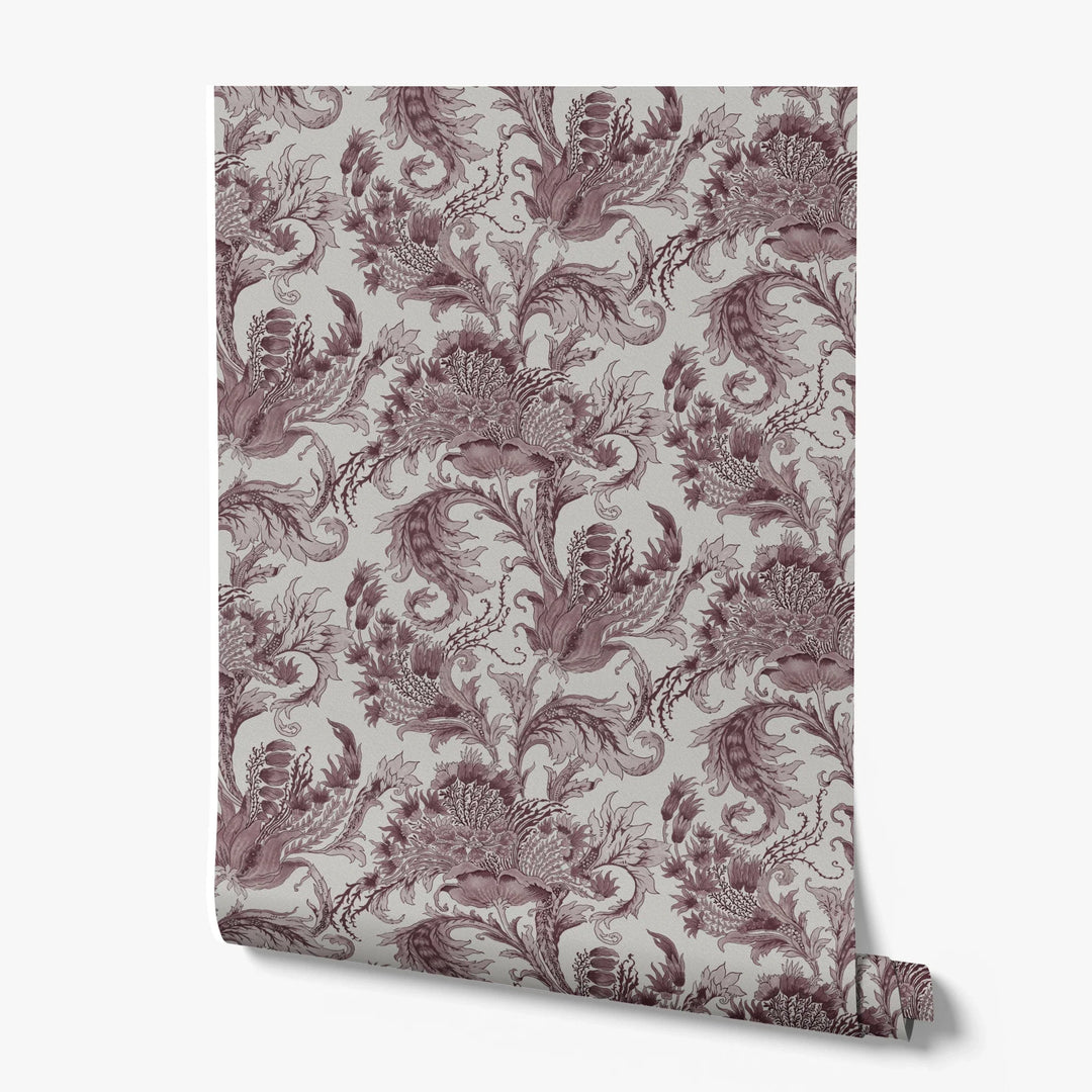 Ragged Poppy in Travertine and Blackcurrant — dark plum poppy on a pale grey travertine ground, high-contrast block-printed floral repeat printed wallpaper roll
