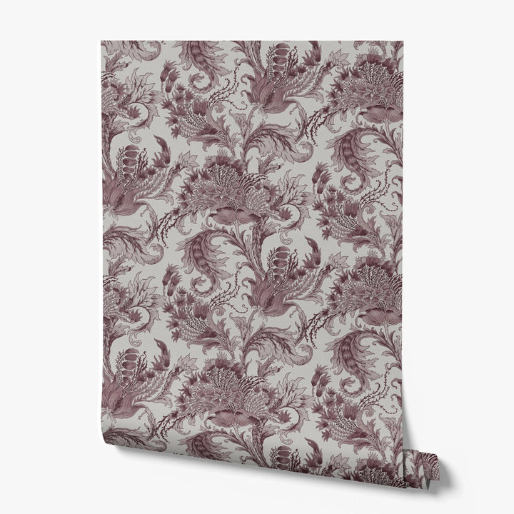 Ragged Poppy in Travertine and Blackcurrant — dark plum poppy on a pale grey travertine ground, high-contrast block-printed floral repeat printed wallpaper roll