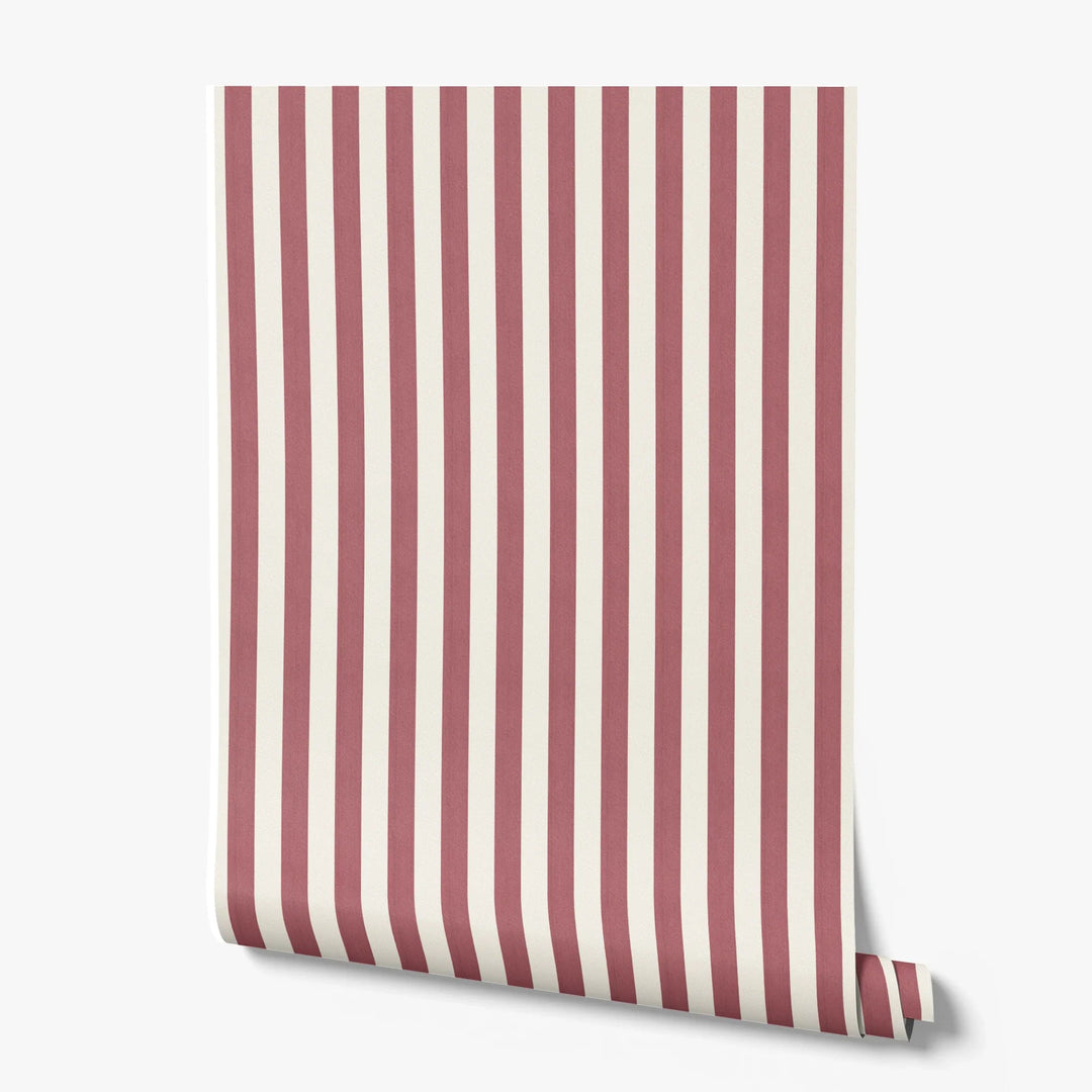 Dusty red and ivory 19th century equal-width stripe, red striated: printed wallpaper roll