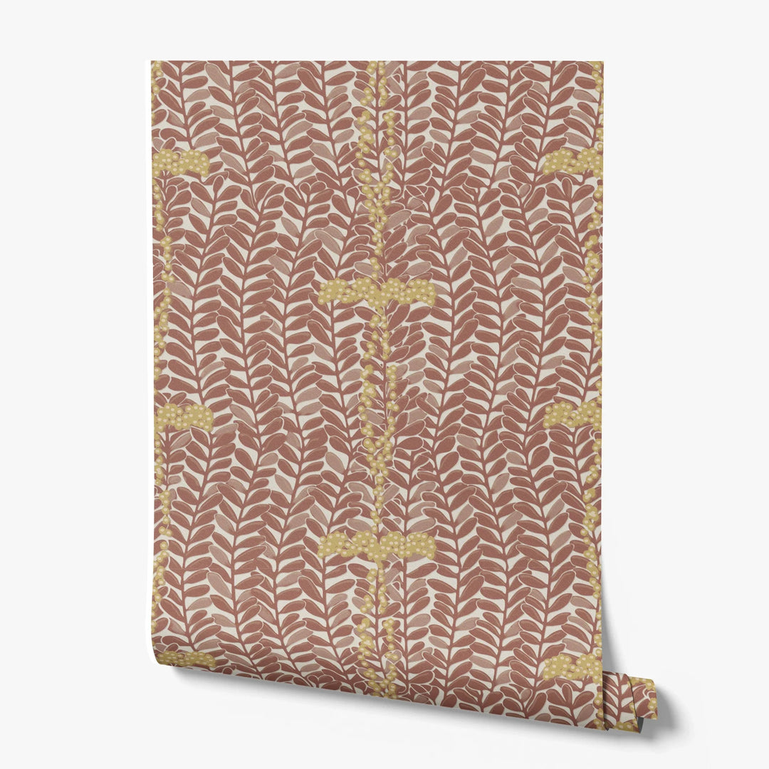 Brown 1918 leaf sprays with gold berries on a beige ground: printed wallpaper roll