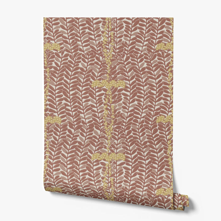 Brown 1918 leaf sprays with gold berries on a beige ground: printed wallpaper roll