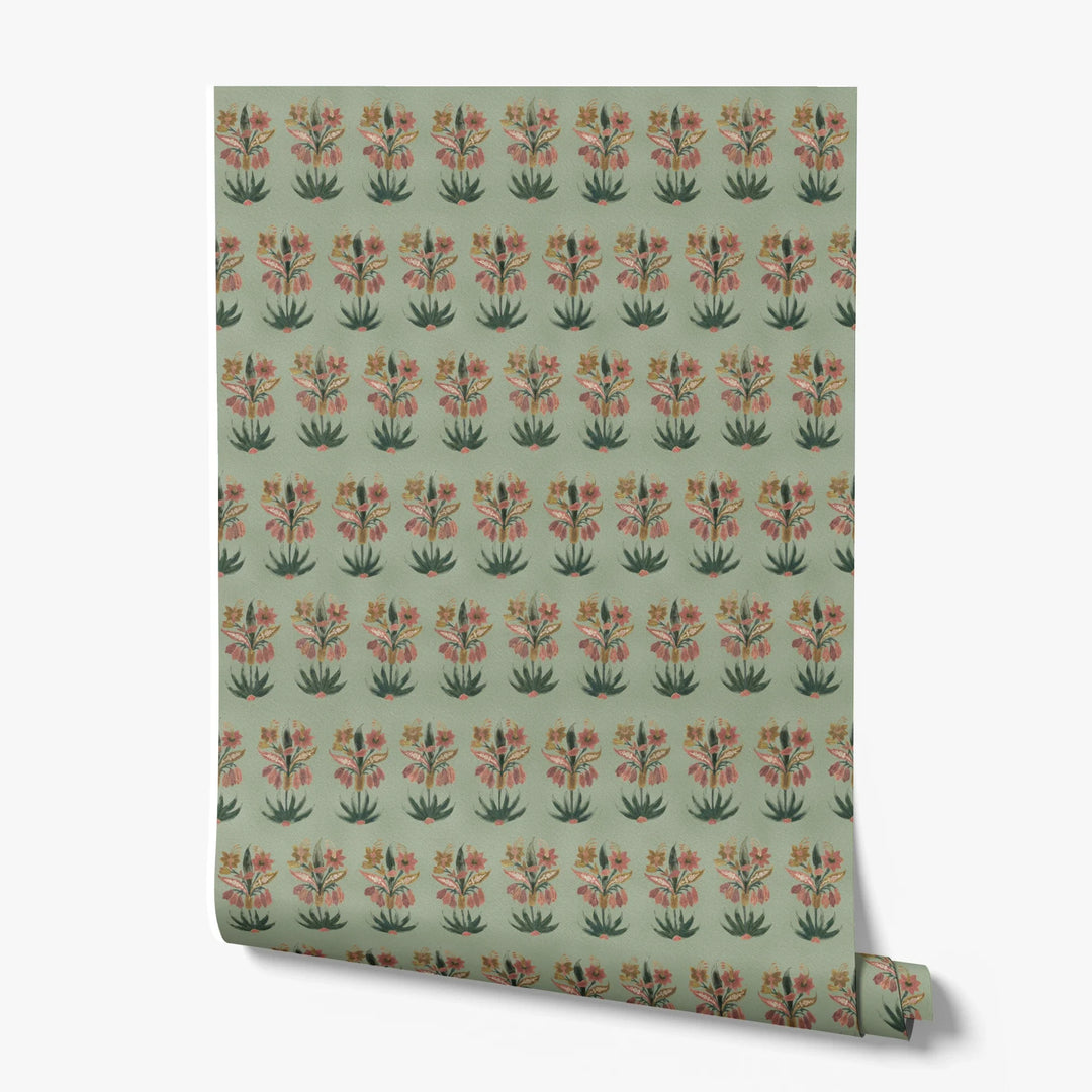 Red 17th century Indian chintz sprigs on a light green ground: printed wallpaper roll