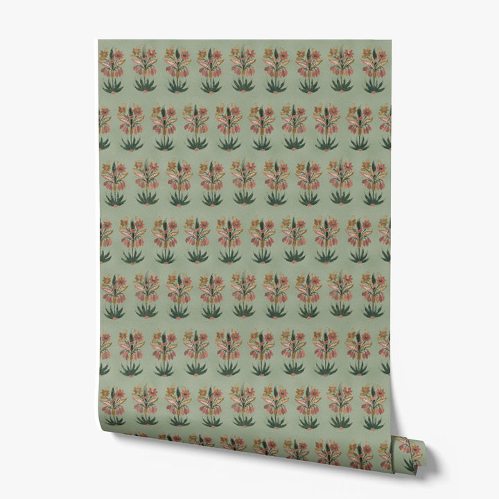 Red 17th century Indian chintz sprigs on a light green ground: printed wallpaper roll