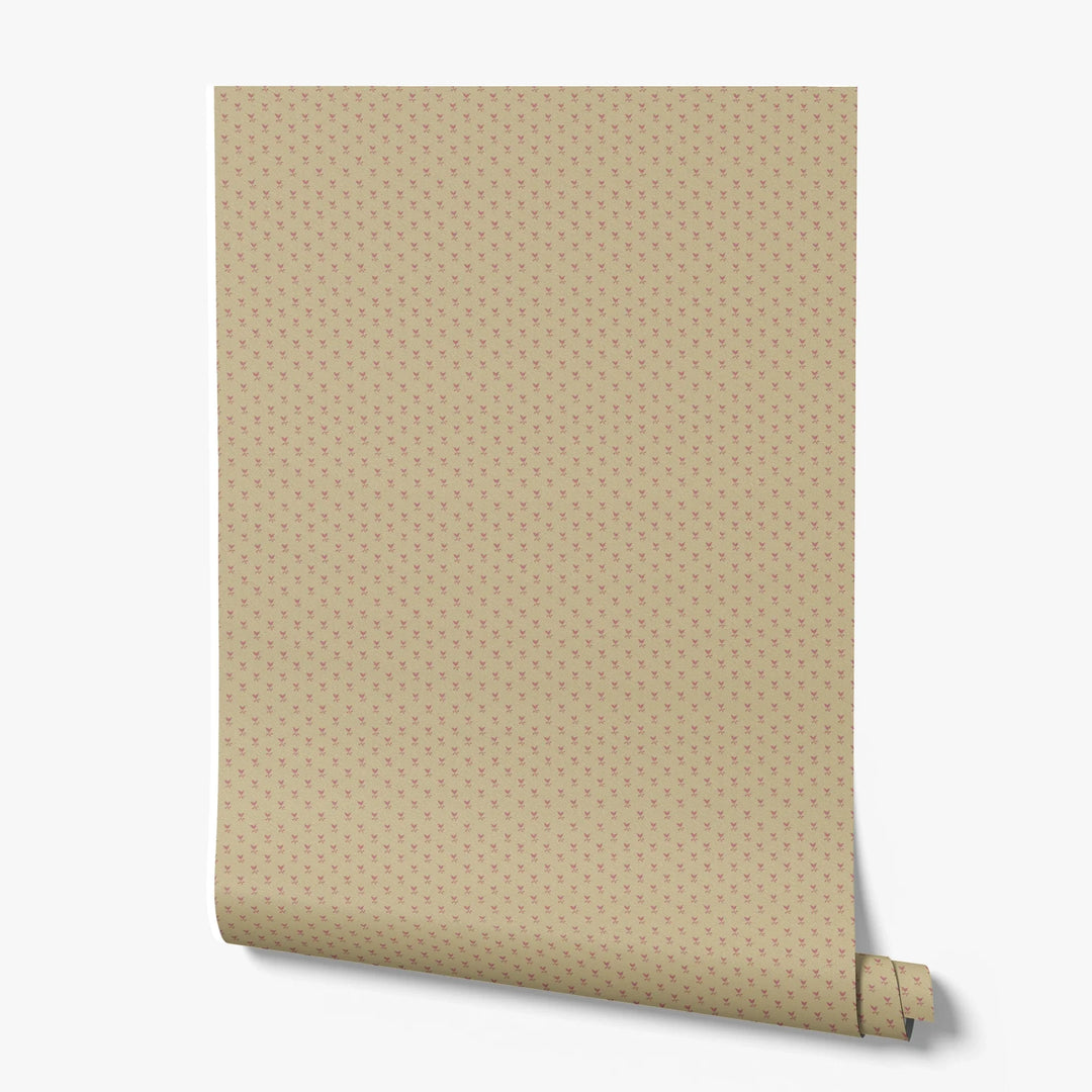 Dusty red Second Empire tulip silhouette on a warm tan ground: printed wallpaper roll