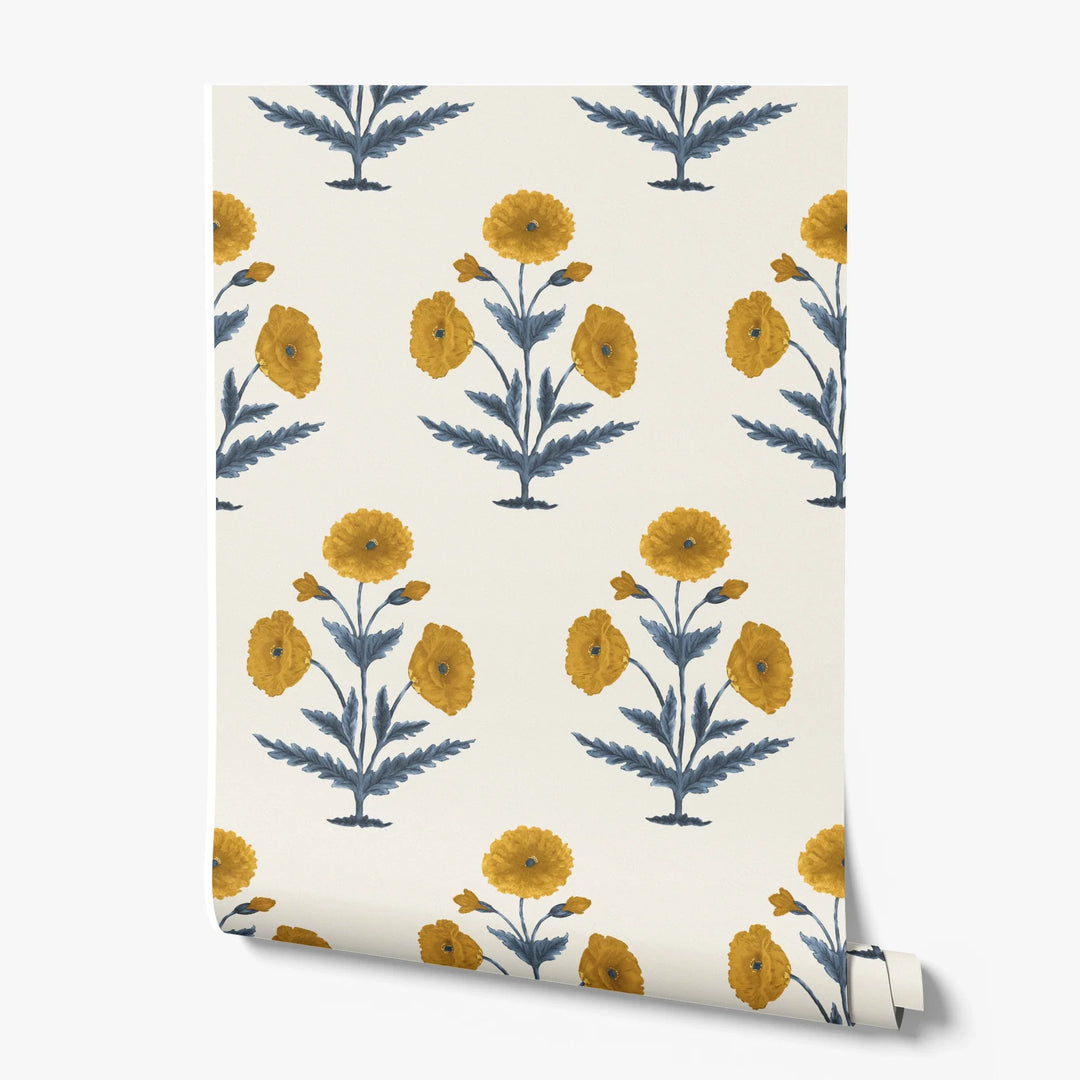Yellow 17th century Mughal poppy plants on a white ground: printed wallpaper roll