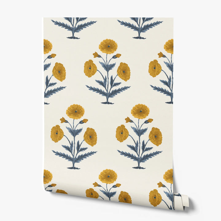 Yellow 17th century Mughal poppy plants on a white ground: printed wallpaper roll