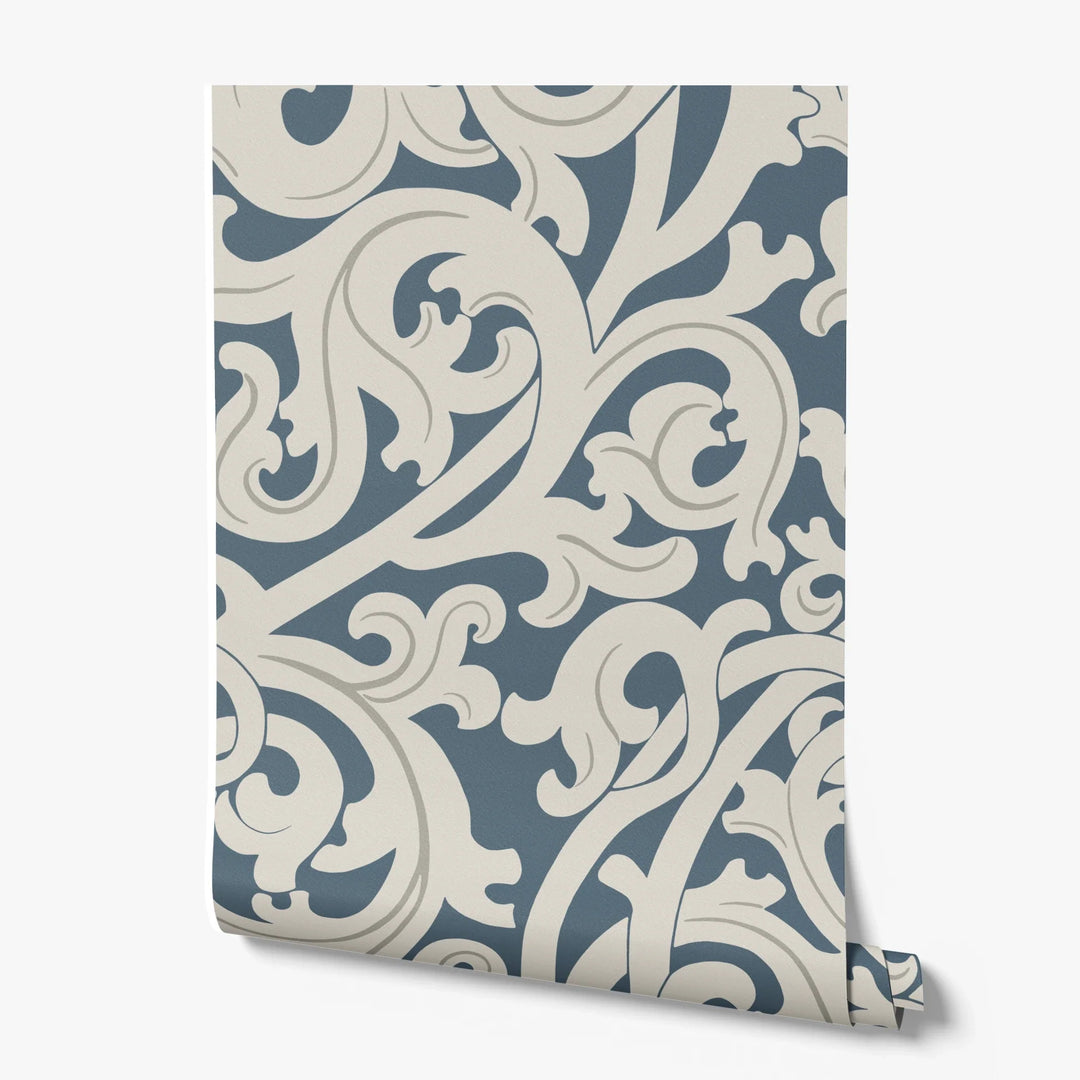 Large beige acanthus scroll motif on a blue ground: printed wallpaper roll