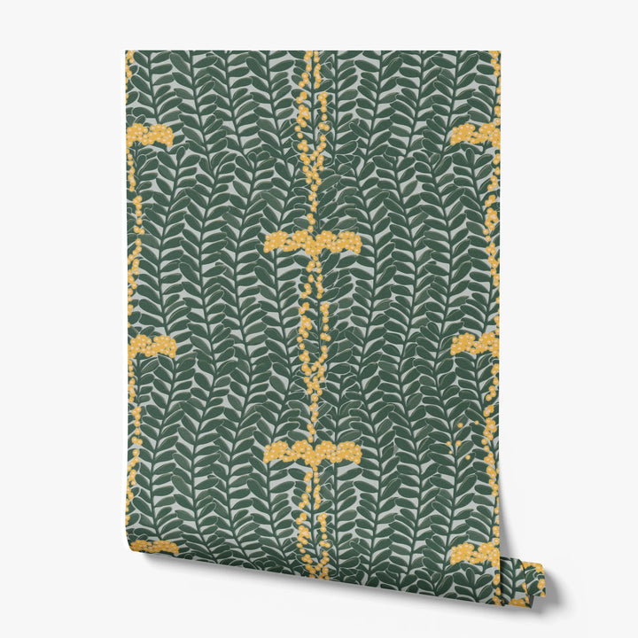 Dark green 1918 leaf sprays with yellow berries on a grey ground: printed wallpaper roll