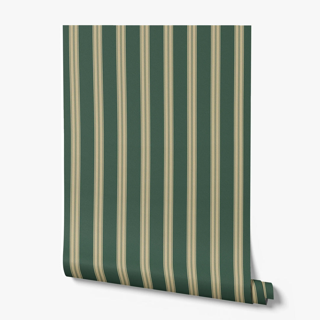 Gold 19th century double-band stripe on a dark green ground: printed wallpaper roll