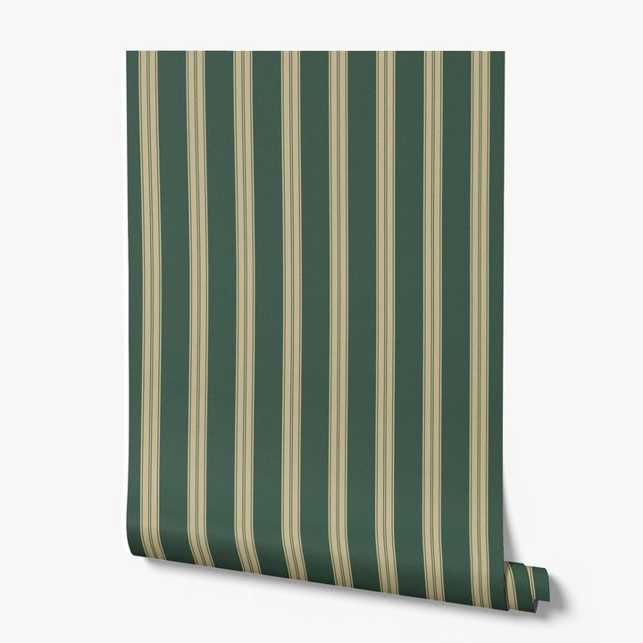 Gold 19th century double-band stripe on a dark green ground: printed wallpaper roll