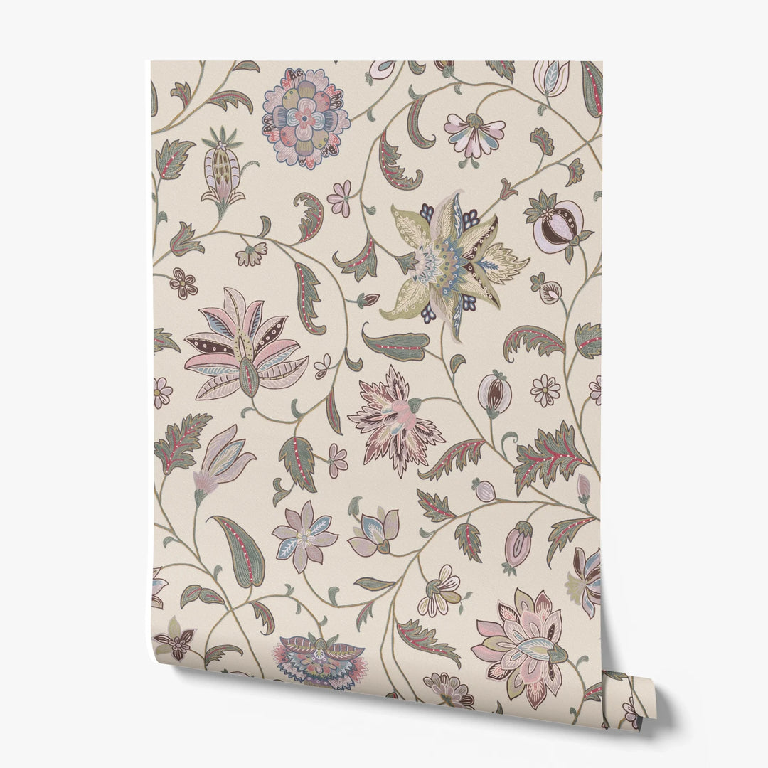 Pale pink floral vines on a grey ground printed wallpaper roll