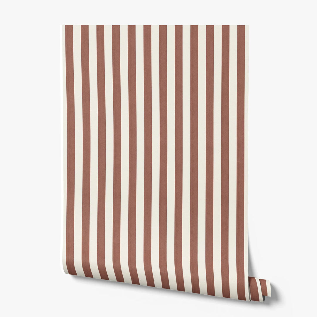 Warm brown and ivory 19th century equal-width stripe, brown striated: printed wallpaper roll