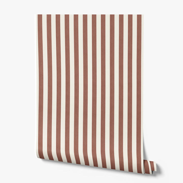 Warm brown and ivory 19th century equal-width stripe, brown striated: printed wallpaper roll