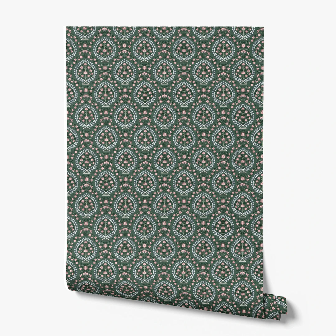 Varanasi Medallion in Forest Floor and Ivory — rose-pink flowers inside pale pointed medallions on a deep green ground printed wallpaper roll