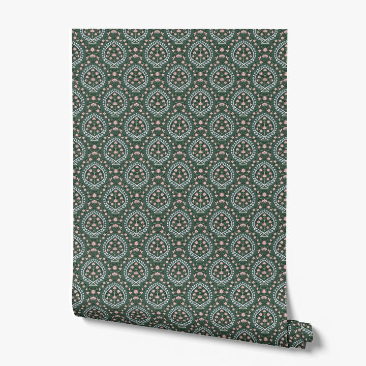 Varanasi Medallion in Forest Floor and Ivory — rose-pink flowers inside pale pointed medallions on a deep green ground printed wallpaper roll
